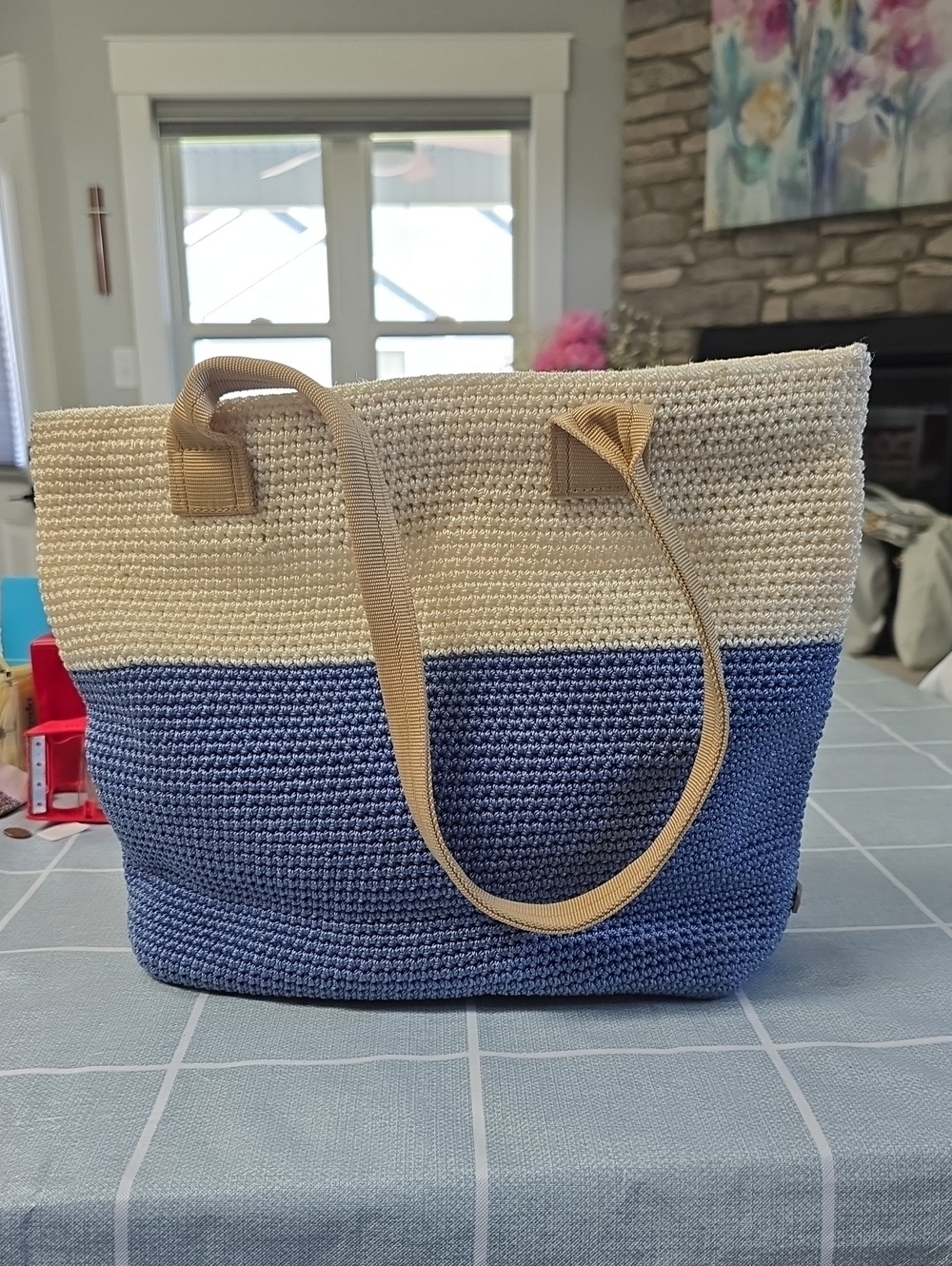 Woven Two-Tone Tote Bag - Blue & Cream